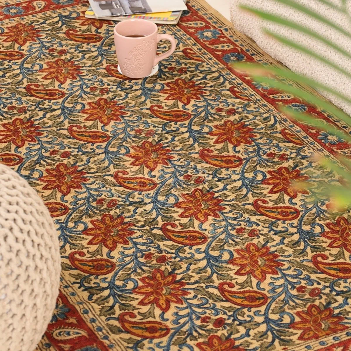 Handmade Cotton Rugs In Blue, Red, And Beige With A Paisley Kalamkari Print | Handmade In India