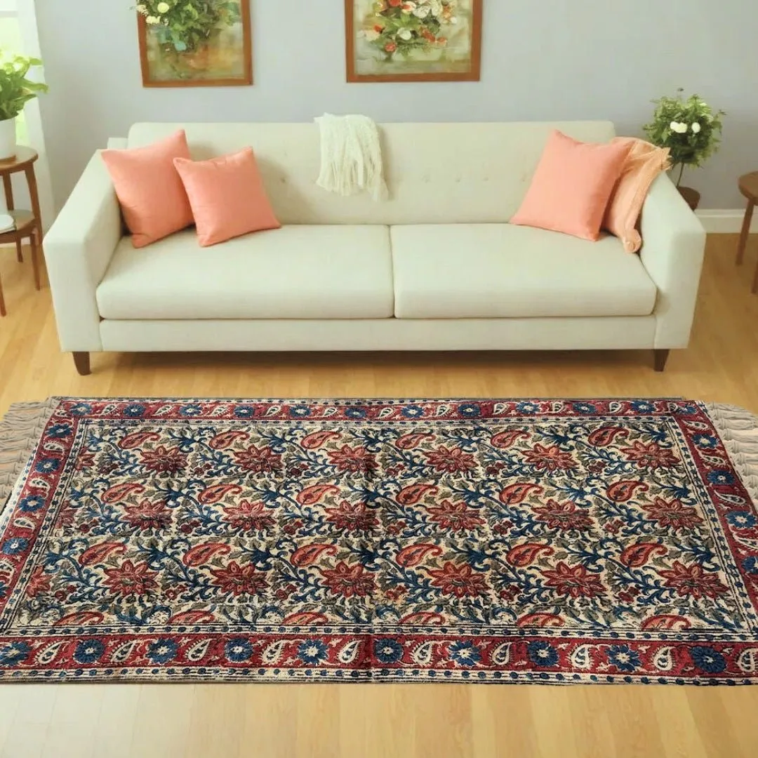 Handmade Cotton Rugs In Blue, Red, And Beige With A Paisley Kalamkari Print | Handmade In India