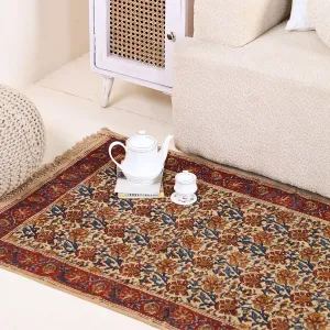 Handmade Cotton Rugs In Maroon, Blue, And Beige With A Floral Kalamkari Print | Handmade In India