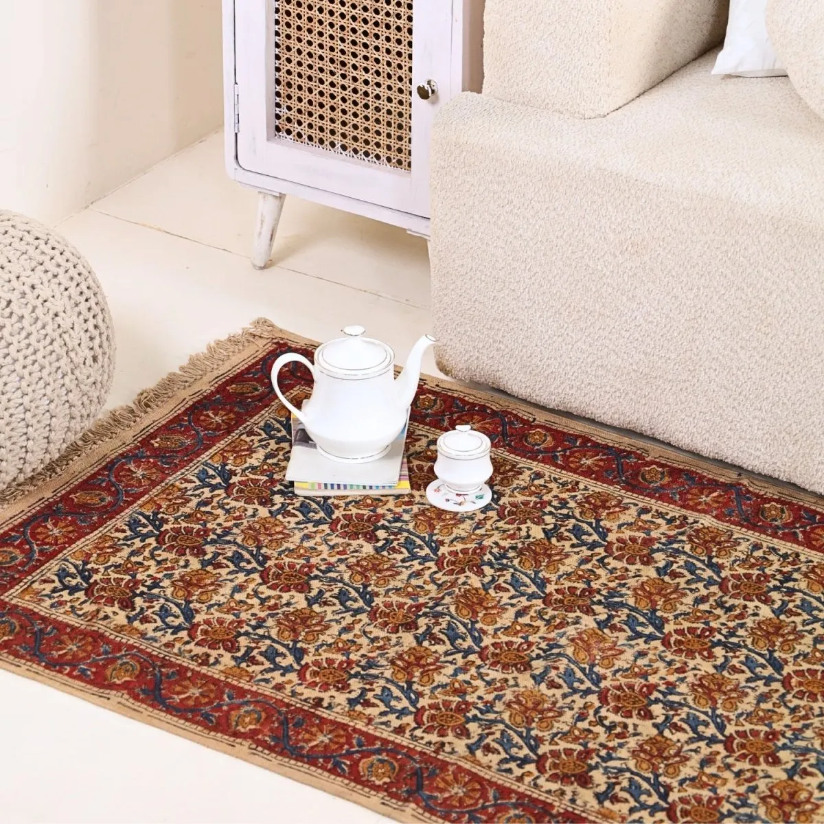Handmade Cotton Rugs In Maroon, Blue, And Beige With A Floral Kalamkari Print | Handmade In India