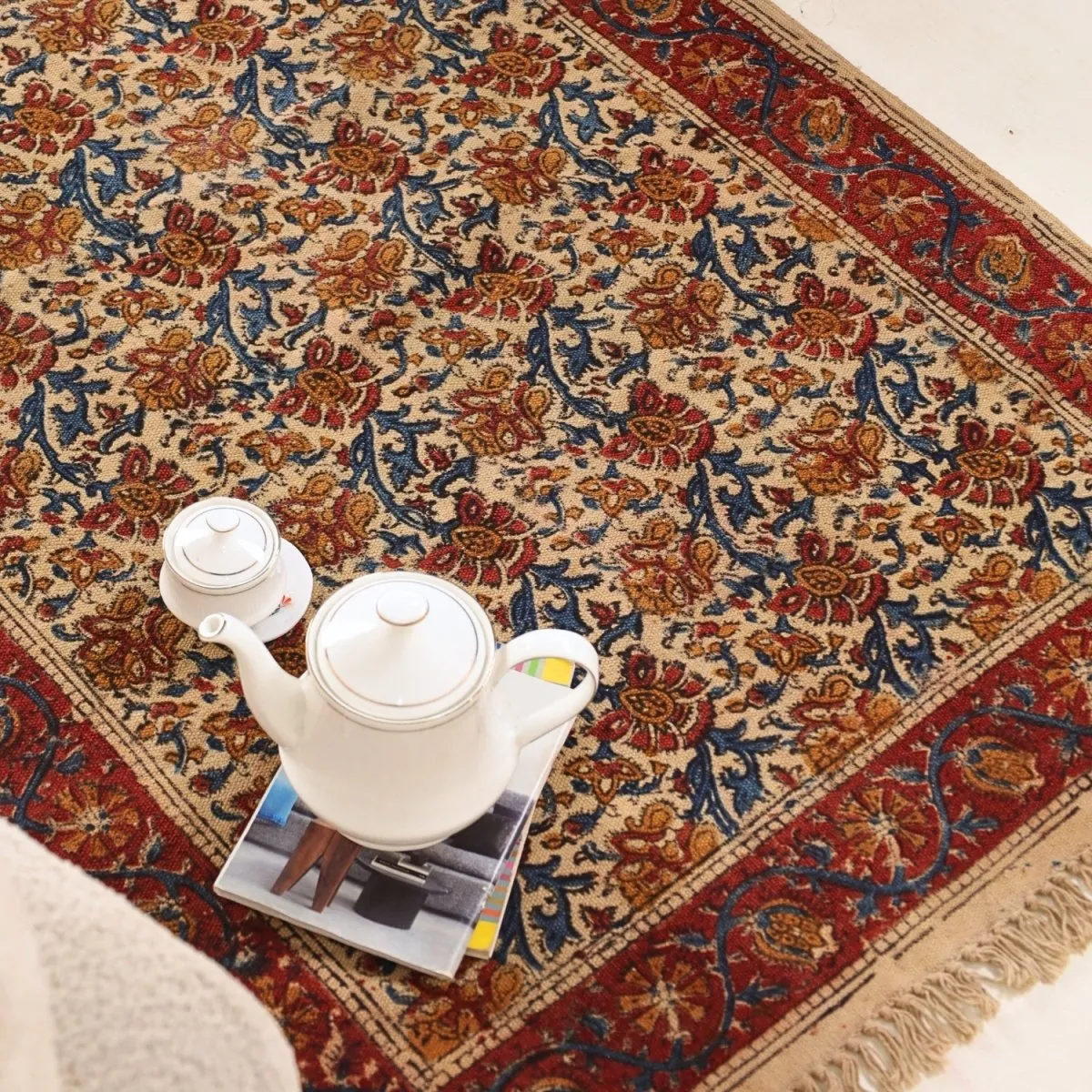 Handmade Cotton Rugs In Maroon, Blue, And Beige With A Floral Kalamkari Print | Handmade In India