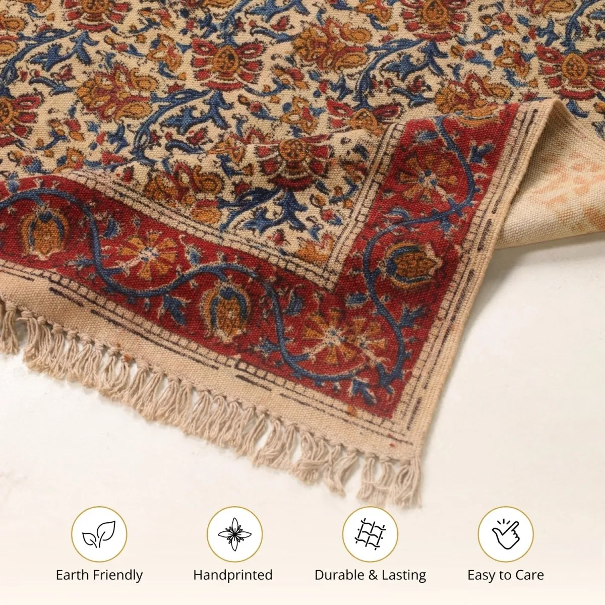 Handmade Cotton Rugs In Maroon, Blue, And Beige With A Floral Kalamkari Print | Handmade In India