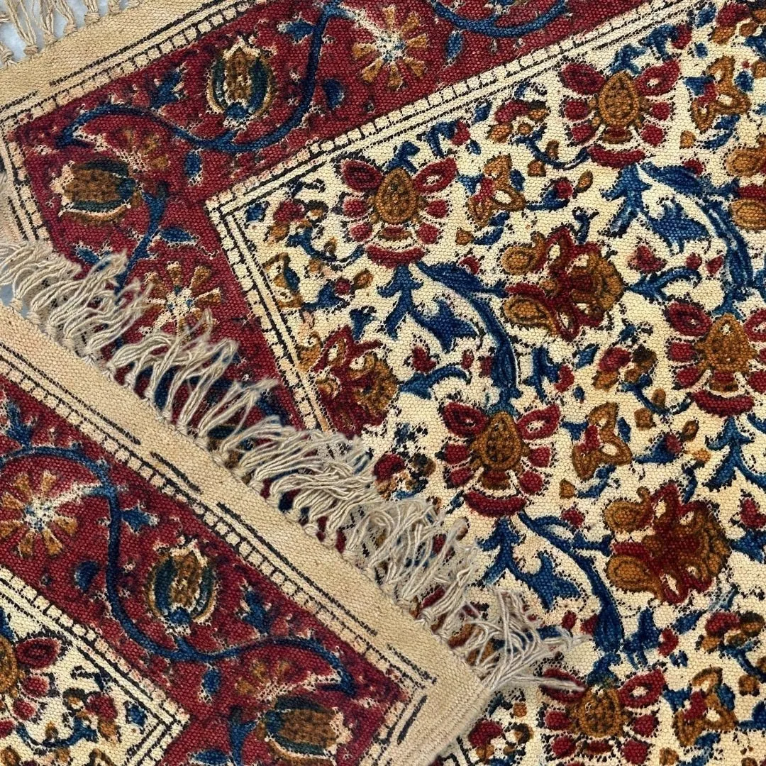 Handmade Cotton Rugs In Maroon, Blue, And Beige With A Floral Kalamkari Print | Handmade In India