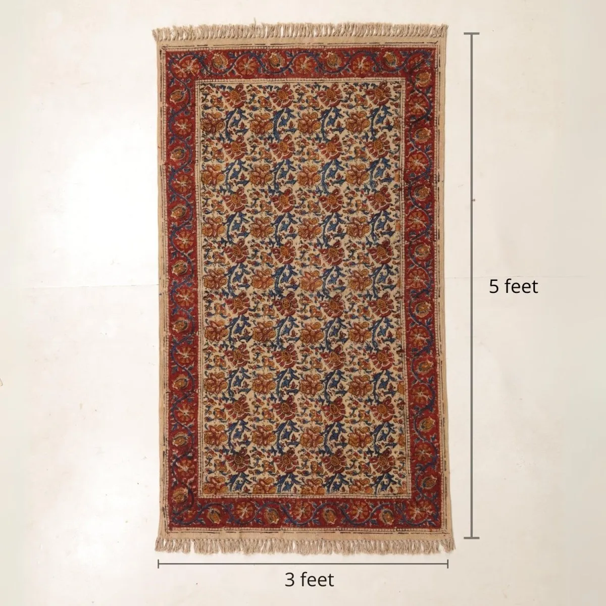 Handmade Cotton Rugs In Maroon, Blue, And Beige With A Floral Kalamkari Print | Handmade In India