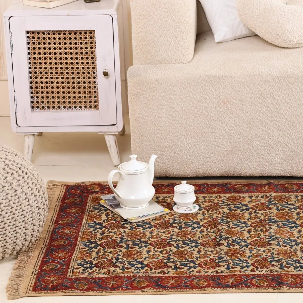 Handmade Cotton Rugs In Maroon, Blue, And Beige With A Floral Kalamkari Print | Handmade In India