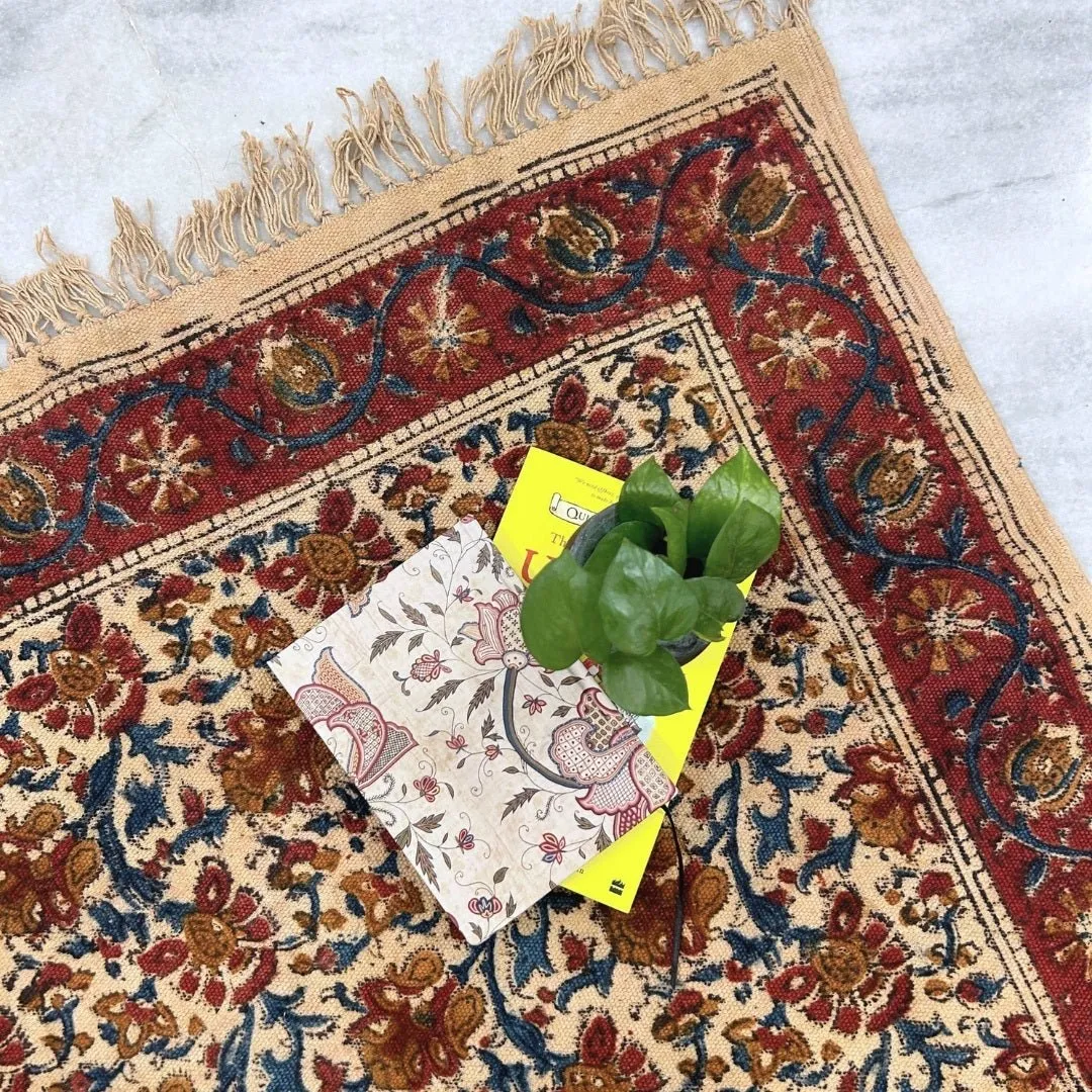 Handmade Cotton Rugs In Maroon, Blue, And Beige With A Floral Kalamkari Print | Handmade In India