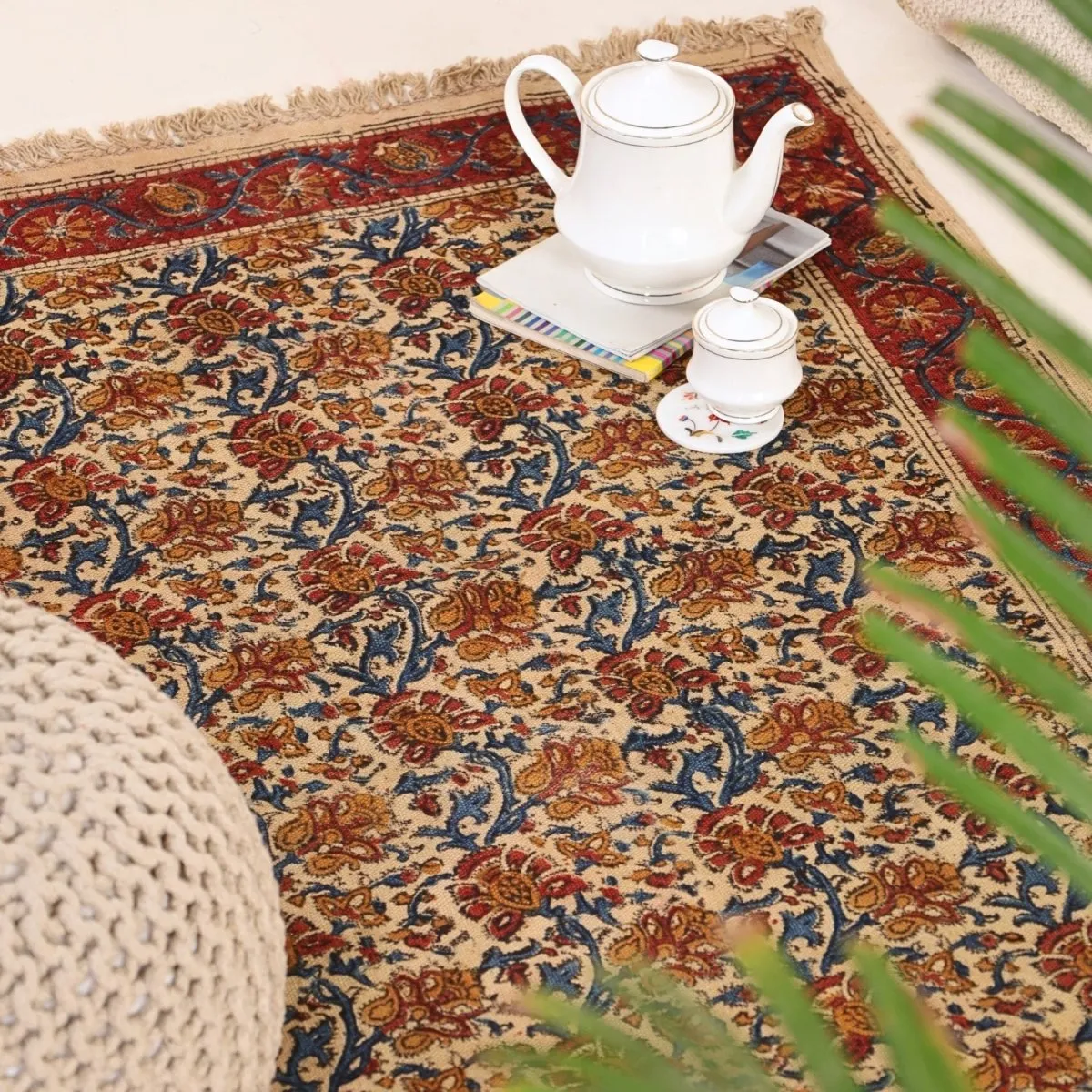 Handmade Cotton Rugs In Maroon, Blue, And Beige With A Floral Kalamkari Print | Handmade In India