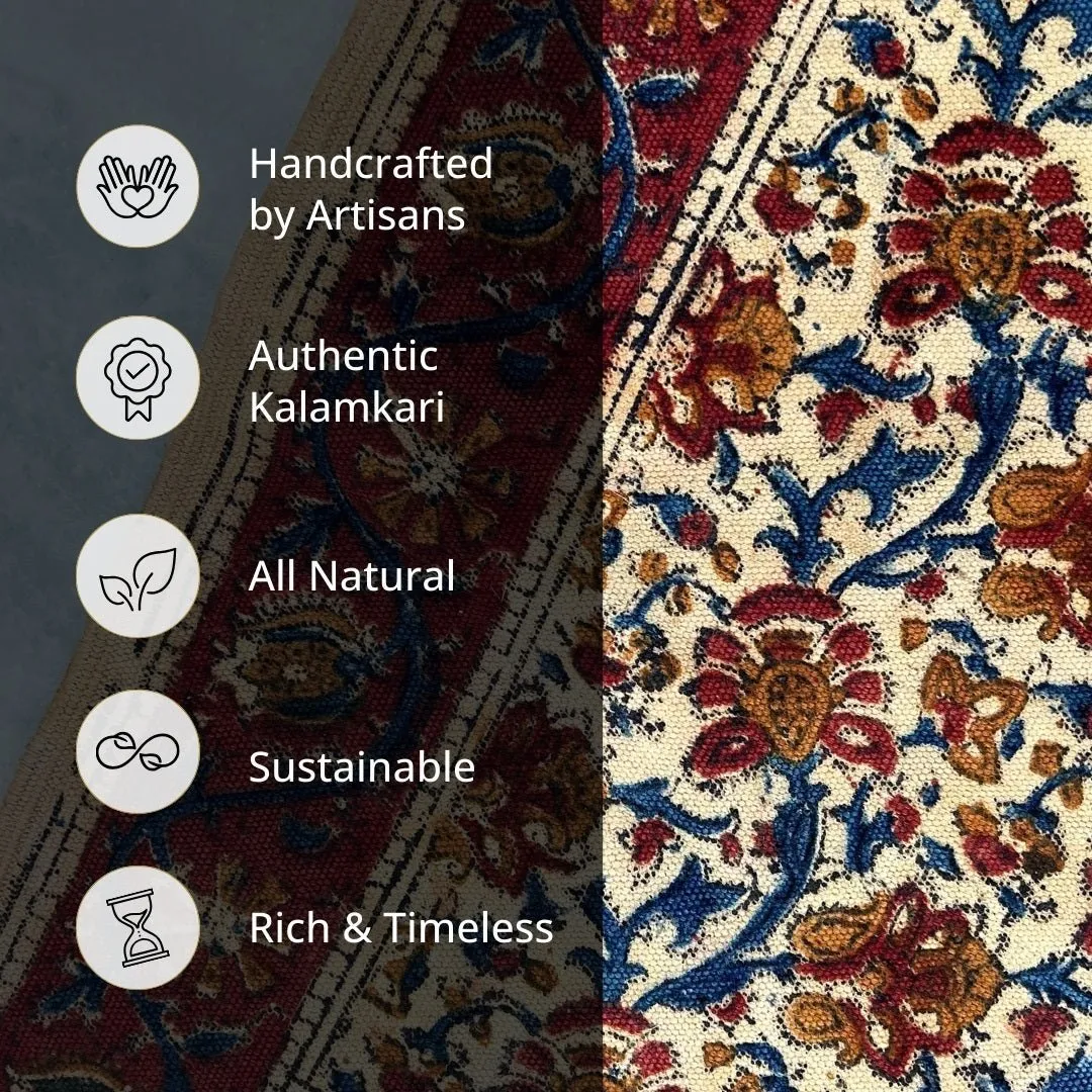 Handmade Cotton Rugs In Maroon, Blue, And Beige With A Floral Kalamkari Print | Handmade In India