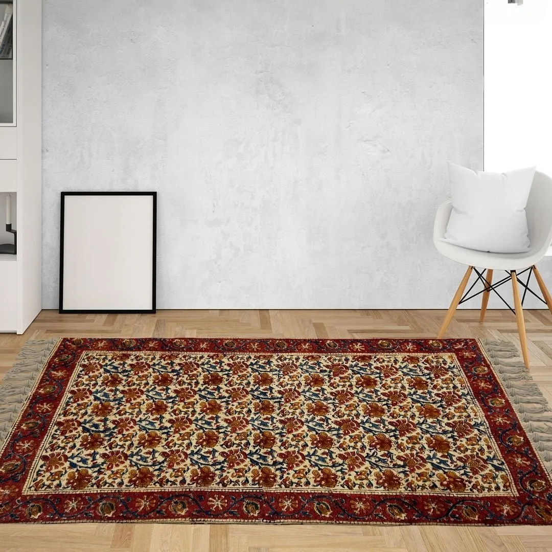 Handmade Cotton Rugs In Maroon, Blue, And Beige With A Floral Kalamkari Print | Handmade In India