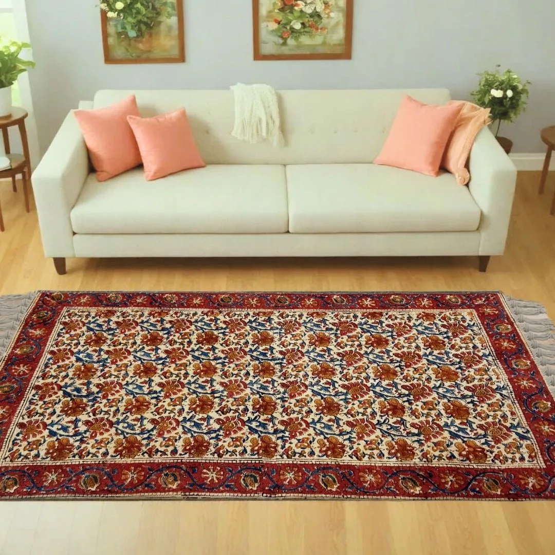 Handmade Cotton Rugs In Maroon, Blue, And Beige With A Floral Kalamkari Print | Handmade In India