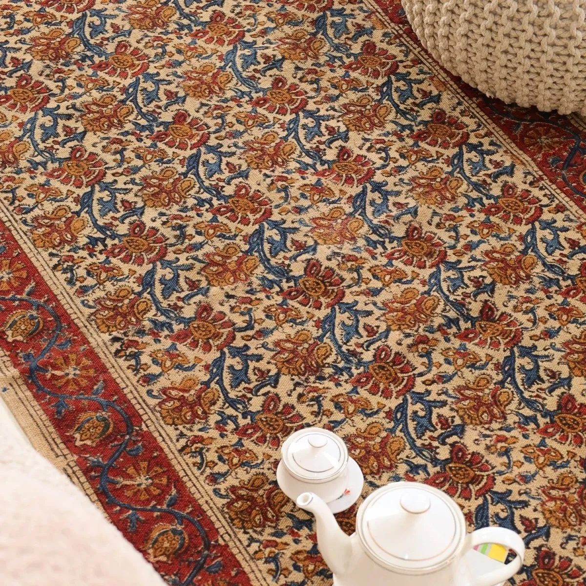 Handmade Cotton Rugs In Maroon, Blue, And Beige With A Floral Kalamkari Print | Handmade In India