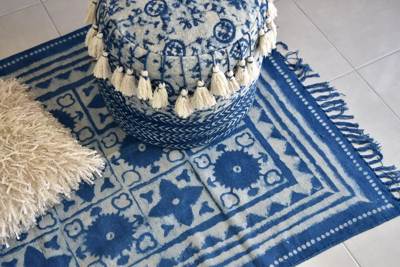 Handmade Geometrical Block Star Print Indigo Cotton Dhurrie Carpet