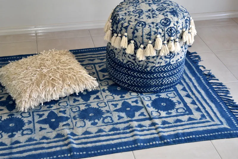 Handmade Geometrical Block Star Print Indigo Cotton Dhurrie Carpet