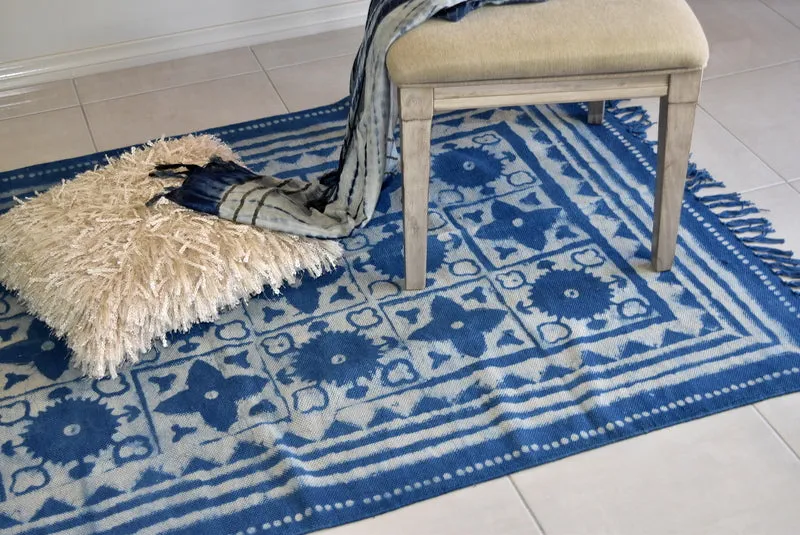 Handmade Geometrical Block Star Print Indigo Cotton Dhurrie Carpet