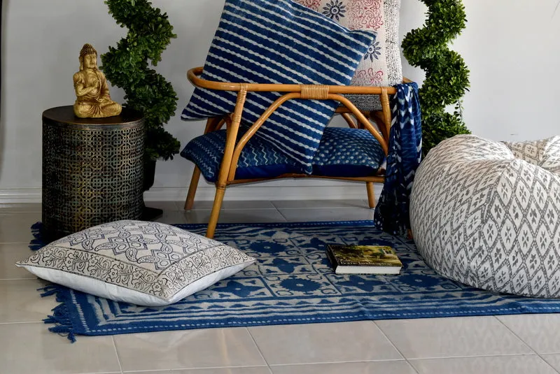 Handmade Geometrical Block Star Print Indigo Cotton Dhurrie Carpet