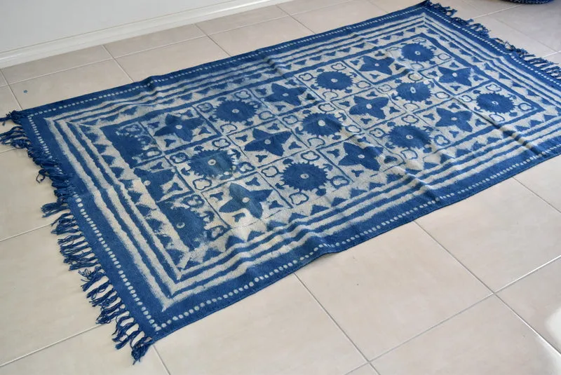 Handmade Geometrical Block Star Print Indigo Cotton Dhurrie Carpet