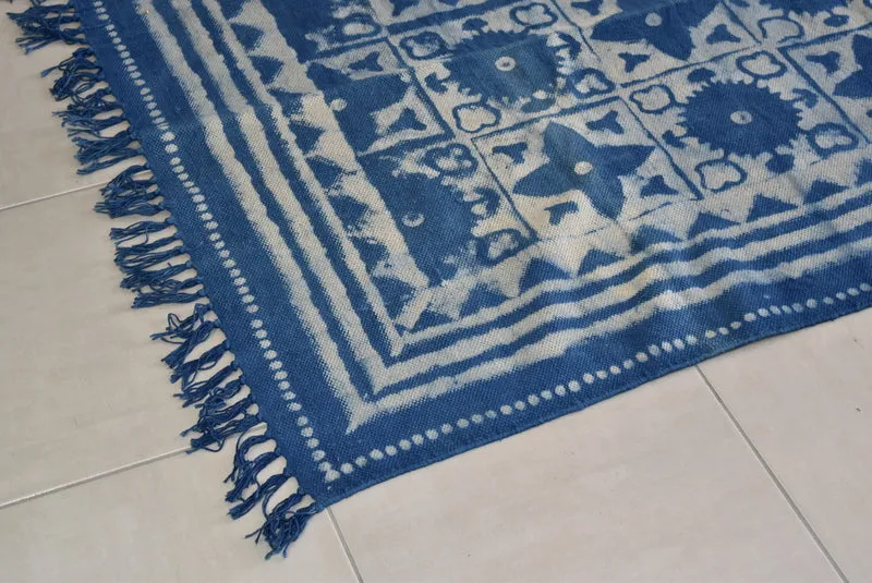 Handmade Geometrical Block Star Print Indigo Cotton Dhurrie Carpet