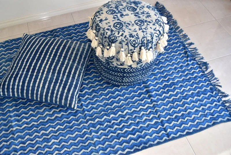 Handmade Geometrical Block Zigzag Print Indigo Cotton Dhurrie Carpet