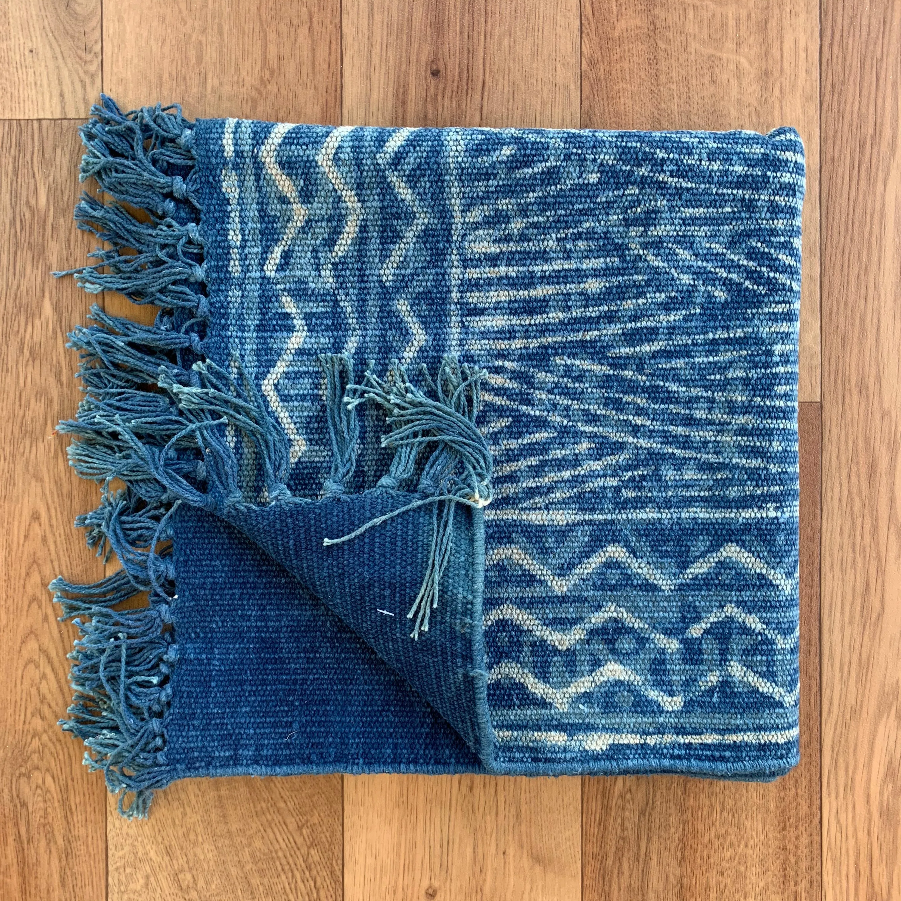 Handmade Stripe Block Print Indigo Cotton Dhurrie Carpet Runner