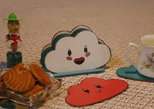 Happy Cloud Wooden Coaster Set Of 6 With Stand - Multi Color (3x5 Inch)