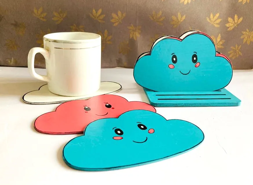Happy Cloud Wooden Coaster Set Of 6 With Stand - Multi Color (3x5 Inch)