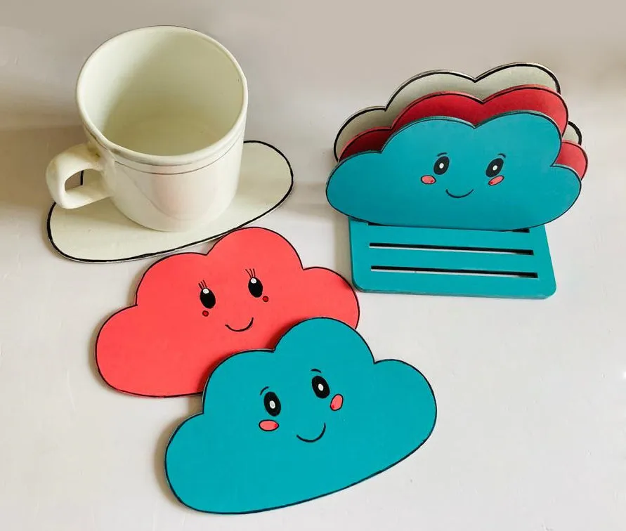 Happy Cloud Wooden Coaster Set Of 6 With Stand - Multi Color (3x5 Inch)