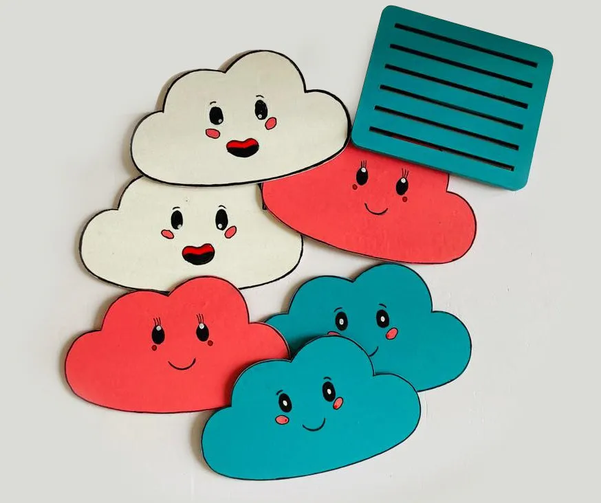 Happy Cloud Wooden Coaster Set Of 6 With Stand - Multi Color (3x5 Inch)