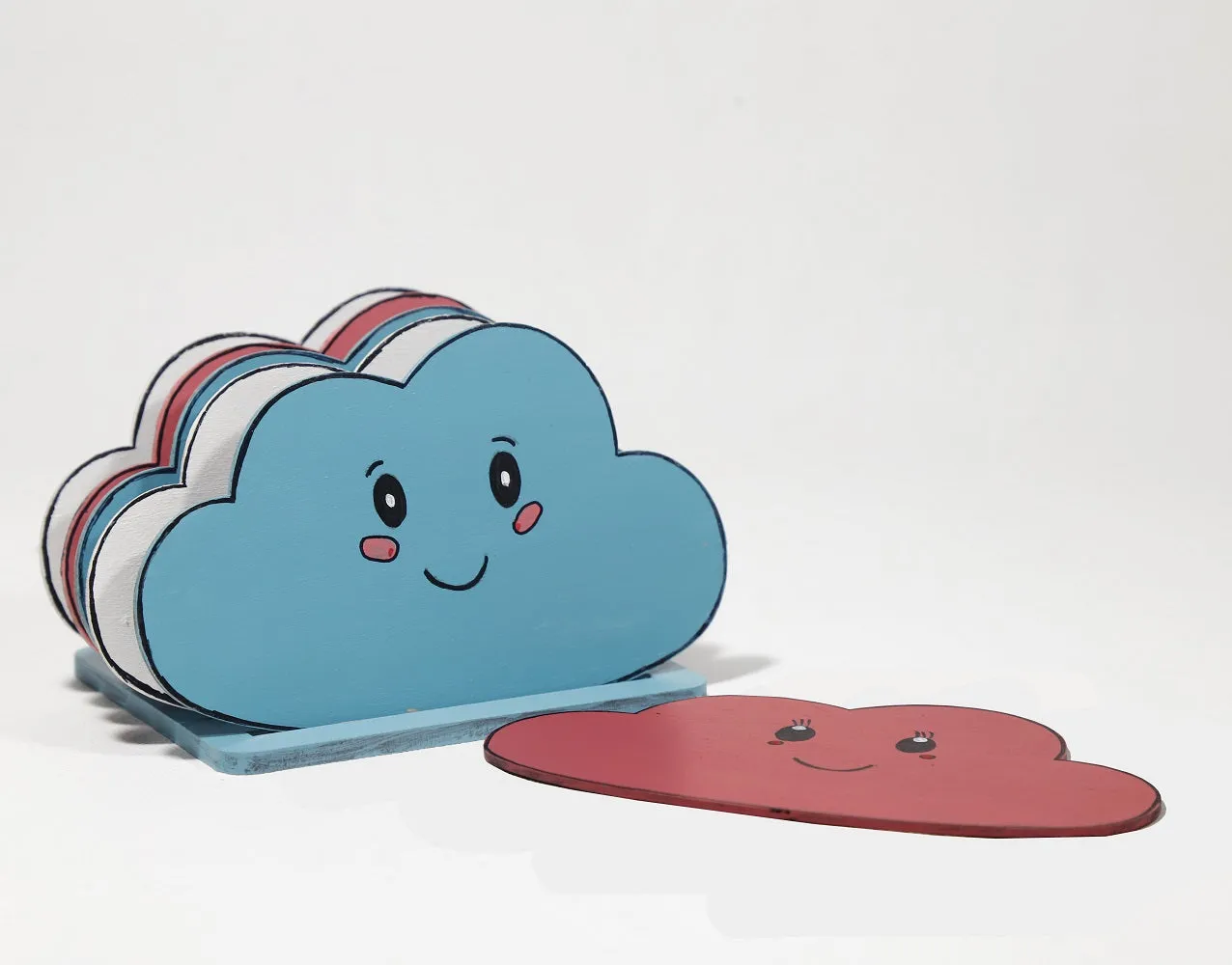 Happy Cloud Wooden Coaster Set Of 6 With Stand - Multi Color (3x5 Inch)