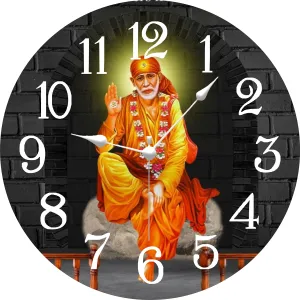 KARTIK Sai Baba Printed Designer Round Wooden Wall Clock Without Glass, Brown, 11X11 Inches (2023_70)