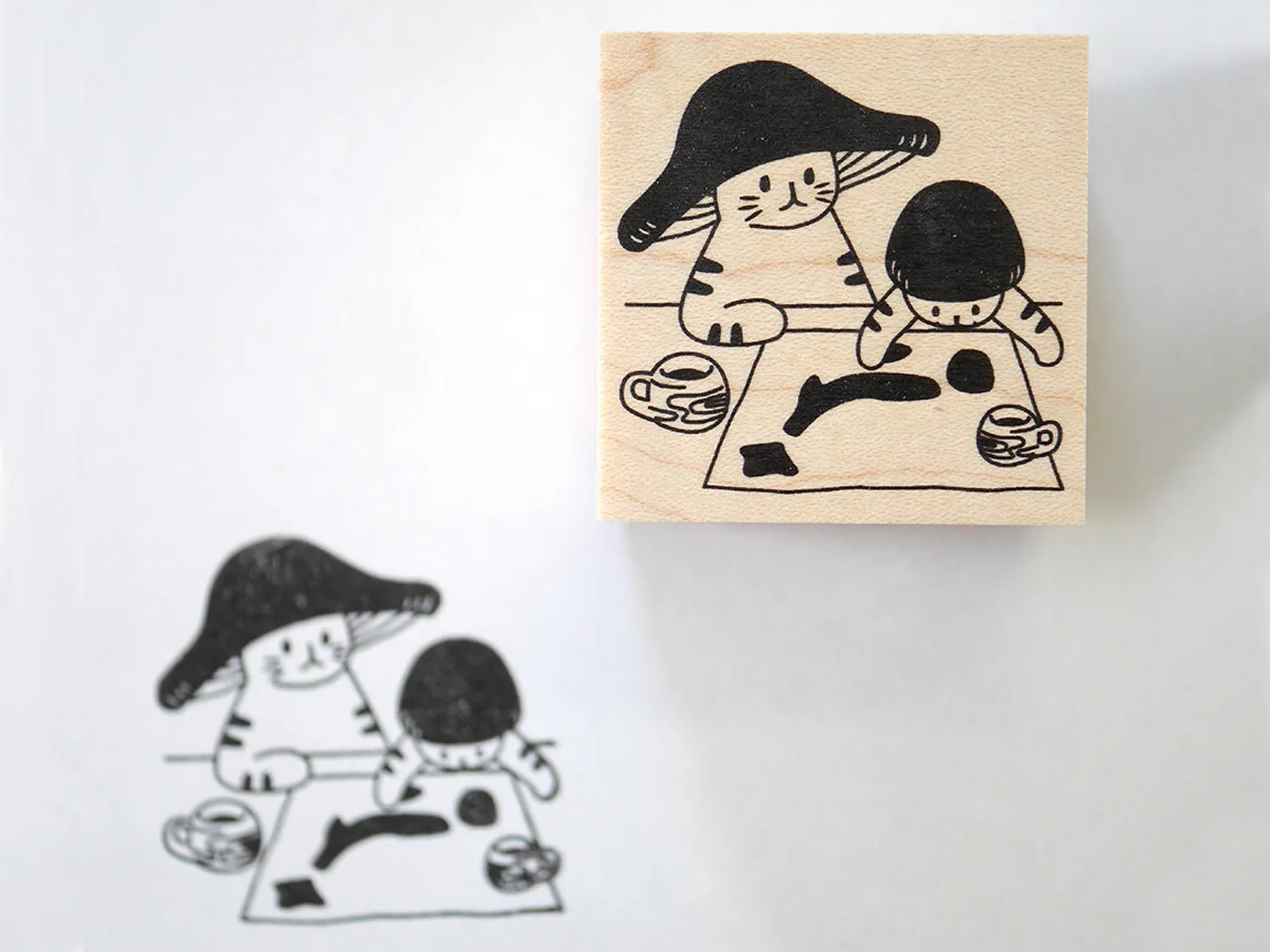 Kinoko Neko Japanese Wooden Rubber Stamp - Where To?