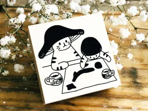 Kinoko Neko Japanese Wooden Rubber Stamp - Where To?