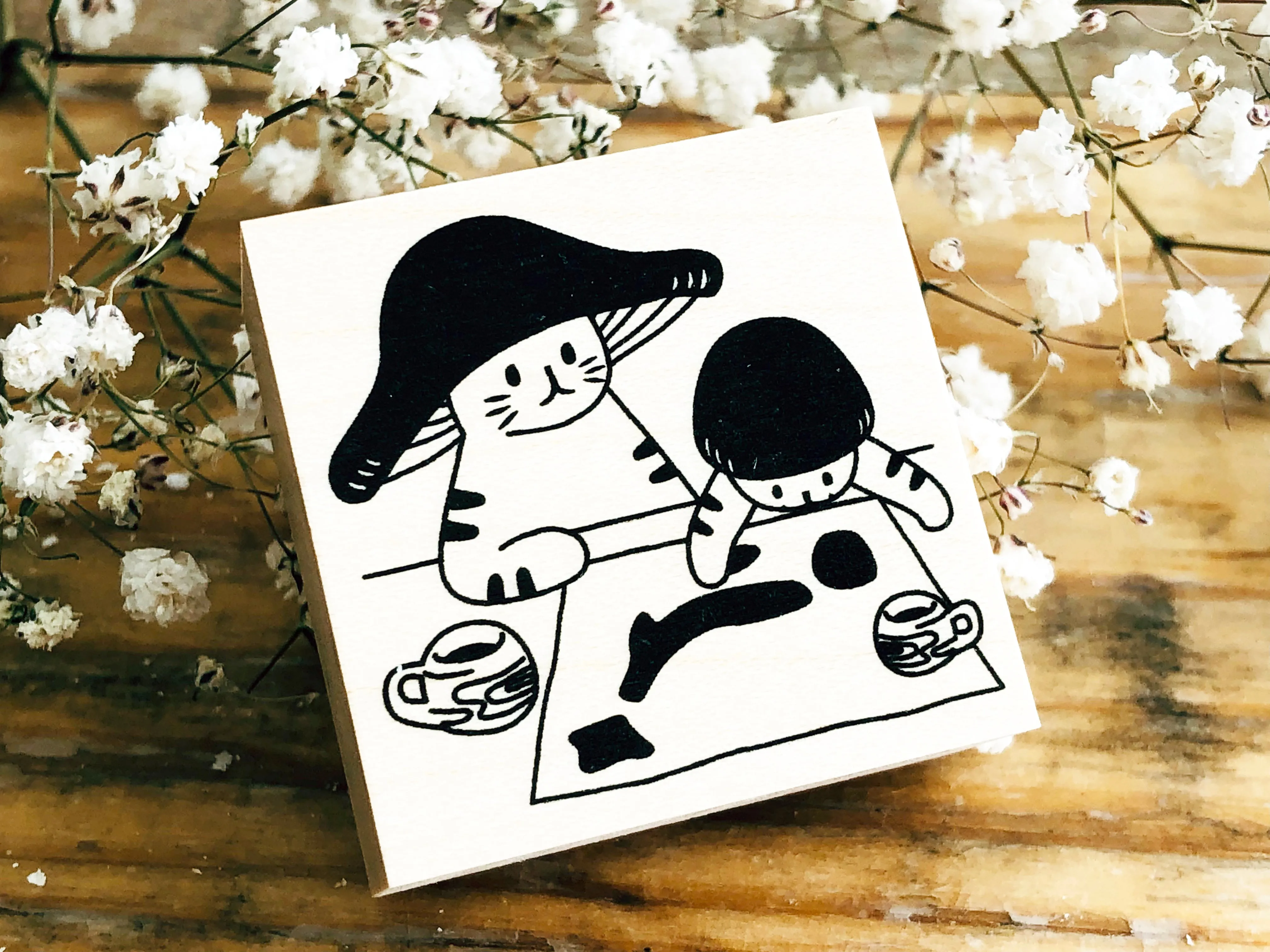 Kinoko Neko Japanese Wooden Rubber Stamp - Where To?