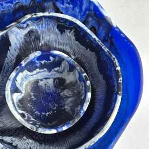 Large wavy 3 bowls Set / Hand Poured Resin / Dark Blue