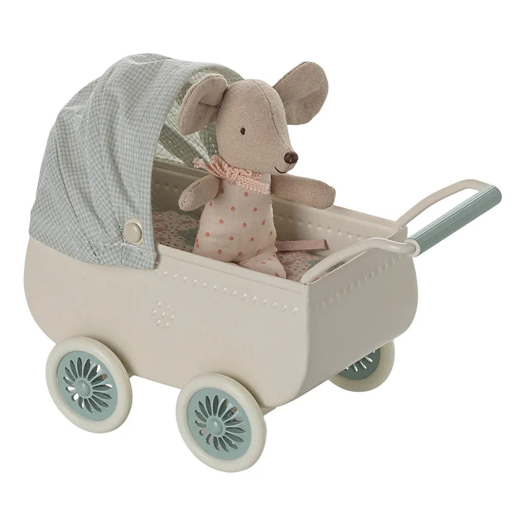Maileg Toys Mouse Micro Pram With Baby Mouse Mint Green