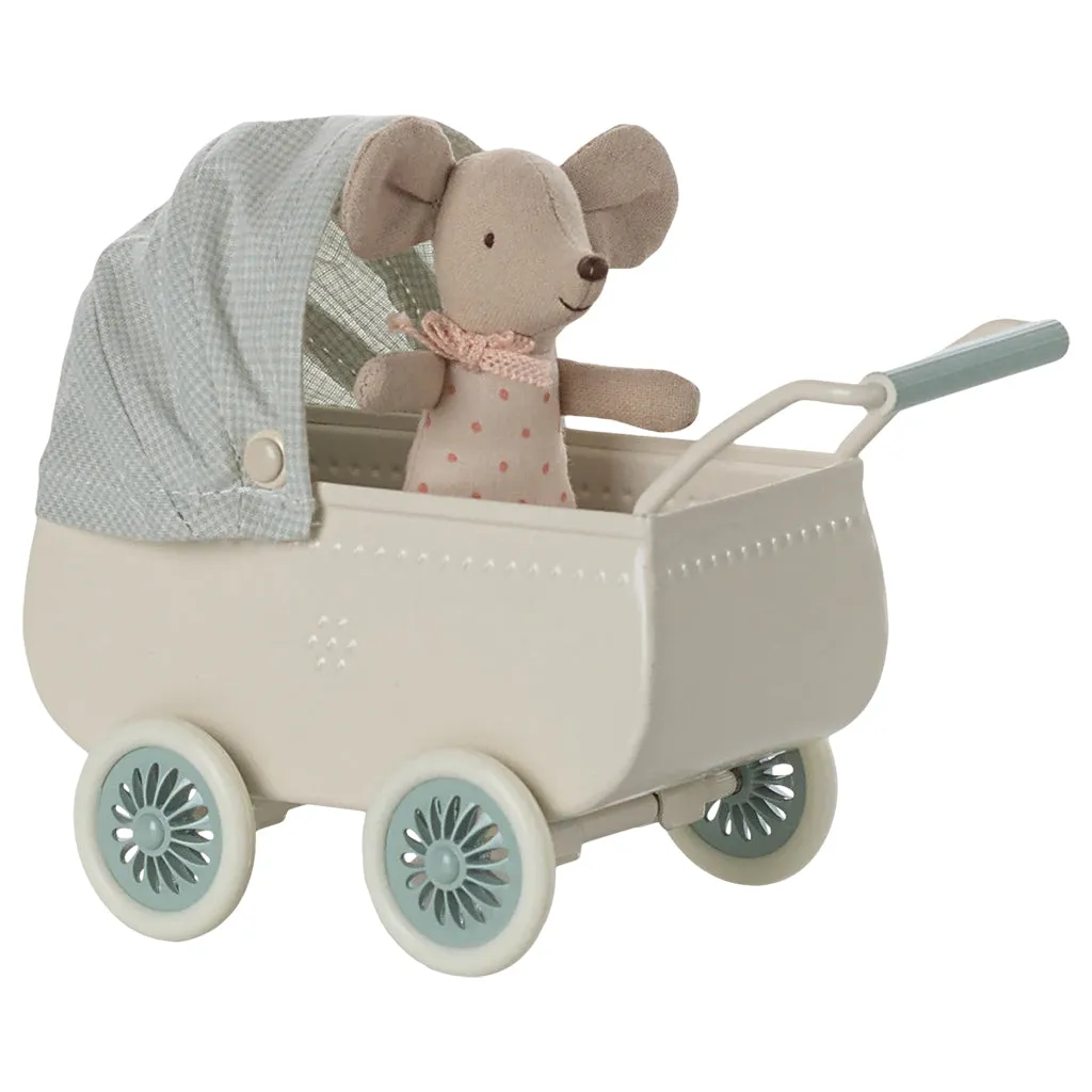 Maileg Toys Mouse Micro Pram With Baby Mouse Mint Green