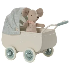 Maileg Toys Mouse Micro Pram With Baby Mouse Mint Green