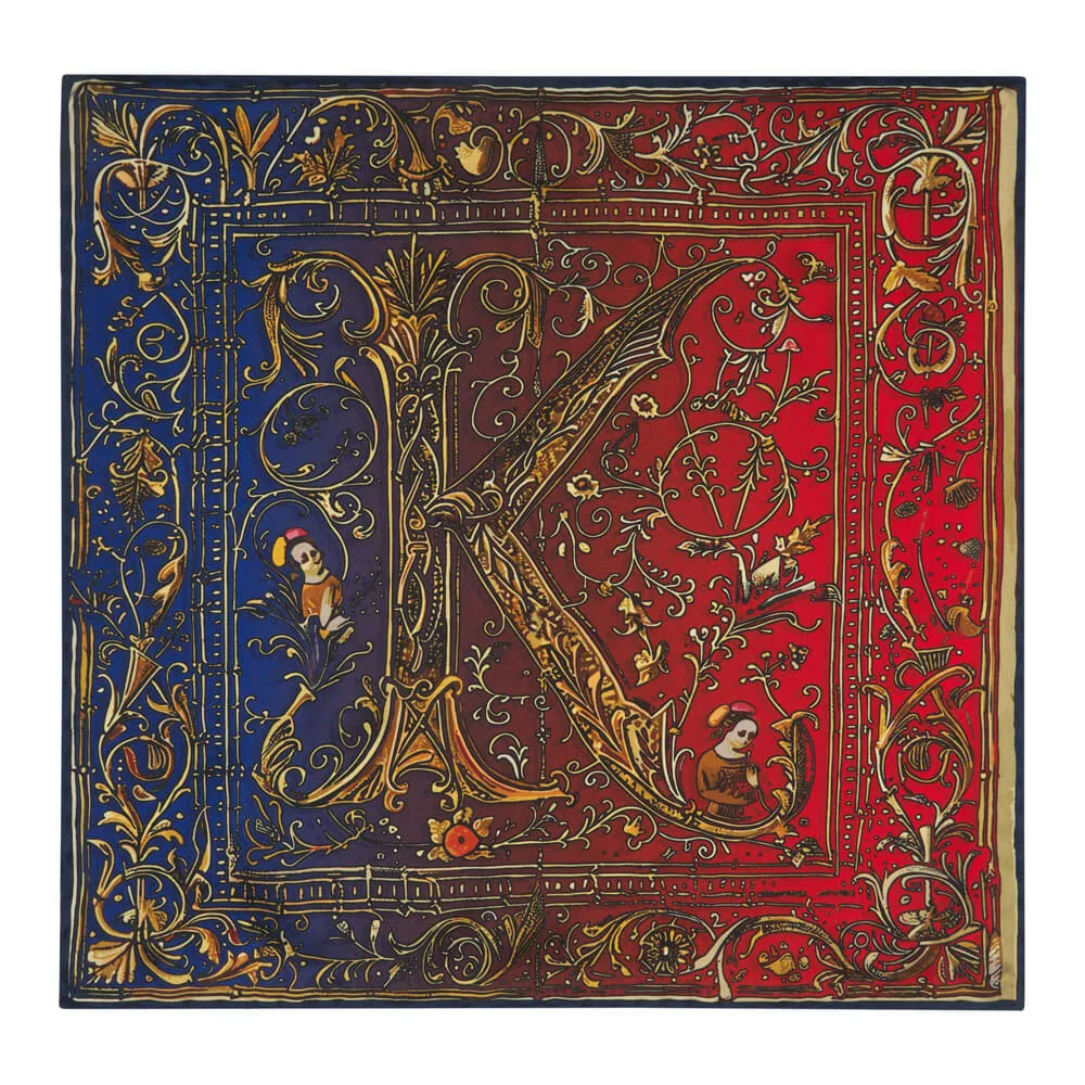 Medieval Monogram Letter K Red and Blue Silk Pocket Square