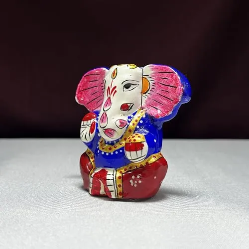 Metal Ganesha Idol in Blue & Red - Handcrafted Decor by Diwam Handicrafts