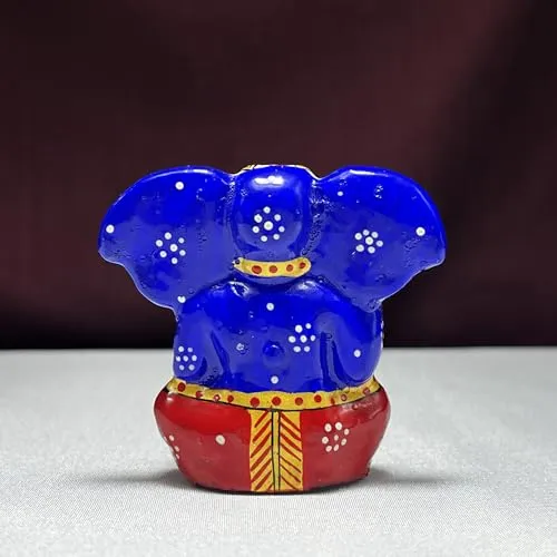 Metal Ganesha Idol in Blue & Red - Handcrafted Decor by Diwam Handicrafts