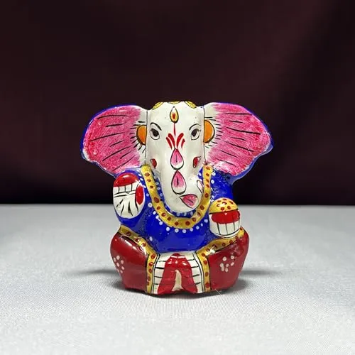 Metal Ganesha Idol in Blue & Red - Handcrafted Decor by Diwam Handicrafts