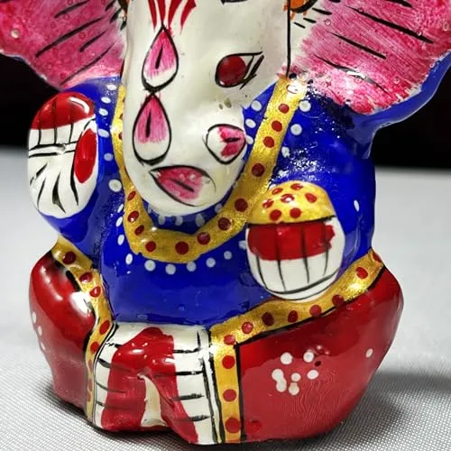 Metal Ganesha Idol in Blue & Red - Handcrafted Decor by Diwam Handicrafts