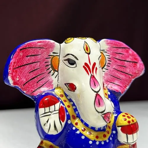 Metal Ganesha Idol in Blue & Red - Handcrafted Decor by Diwam Handicrafts
