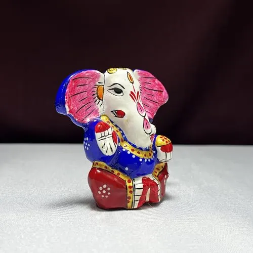 Metal Ganesha Idol in Blue & Red - Handcrafted Decor by Diwam Handicrafts