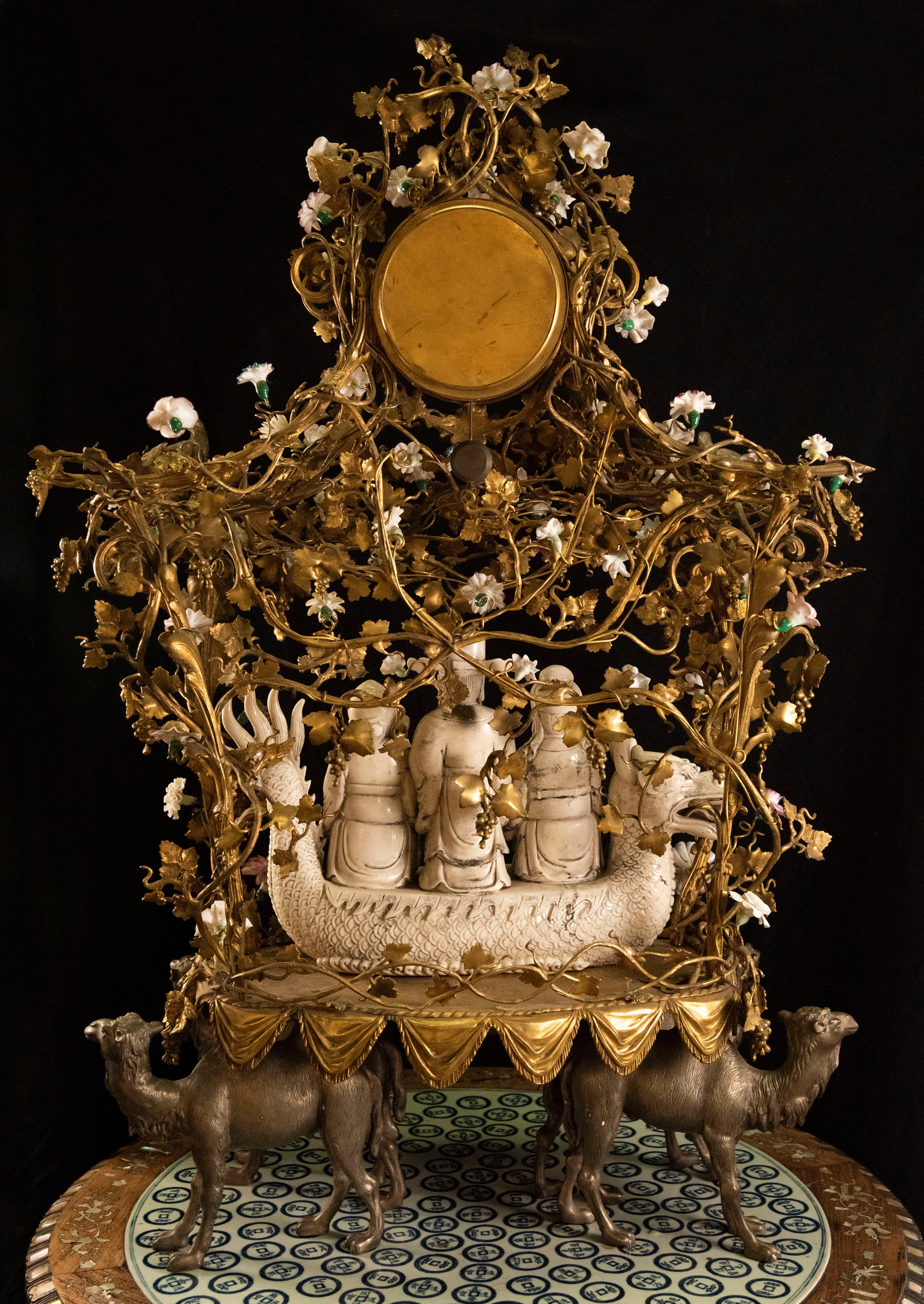 Monumental Japy Frères ormolu Chinoiserie clock (c. 1870 and porcelain, c. 1800)