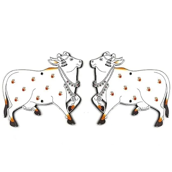 PAREEK HANDICRAFTS Pichwai Cow Design for Diwali | Dussehra | Rangoli | Pooja | Festival Gift | Wedding Decorations Set of 6 (5 INCH) Material-Wood