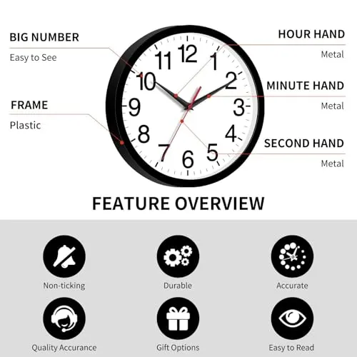 Rohioue Wall Clock, Modern 10 Inch Battery Operated Wall Clocks, Silent Non Ticking Analog Clock for Living Room, Office, Home, Bedroom, Kitchen, Bathroom(Black)