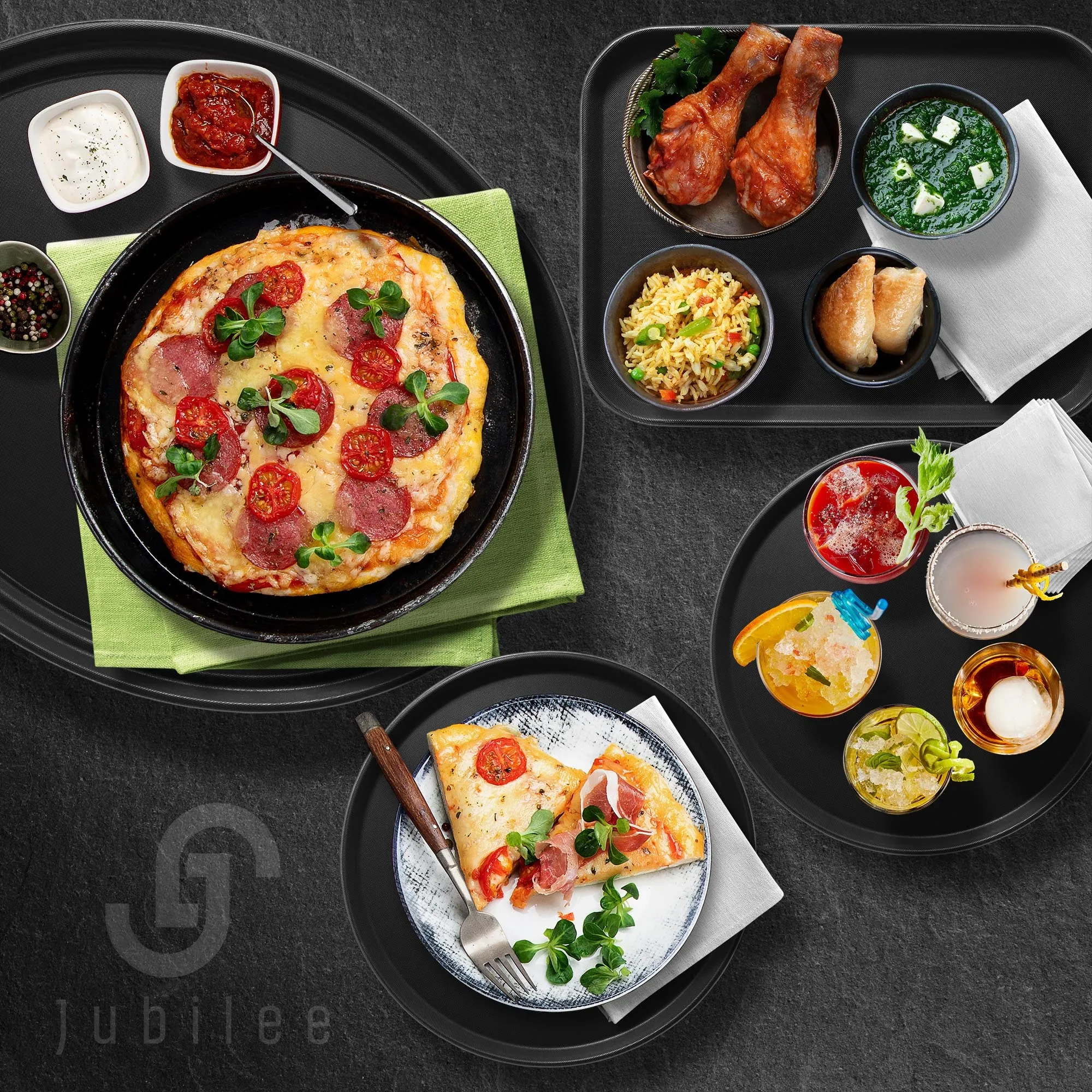 (Set of 2) Round Restaurant Serving Trays, Non-Slip NSF Food Service