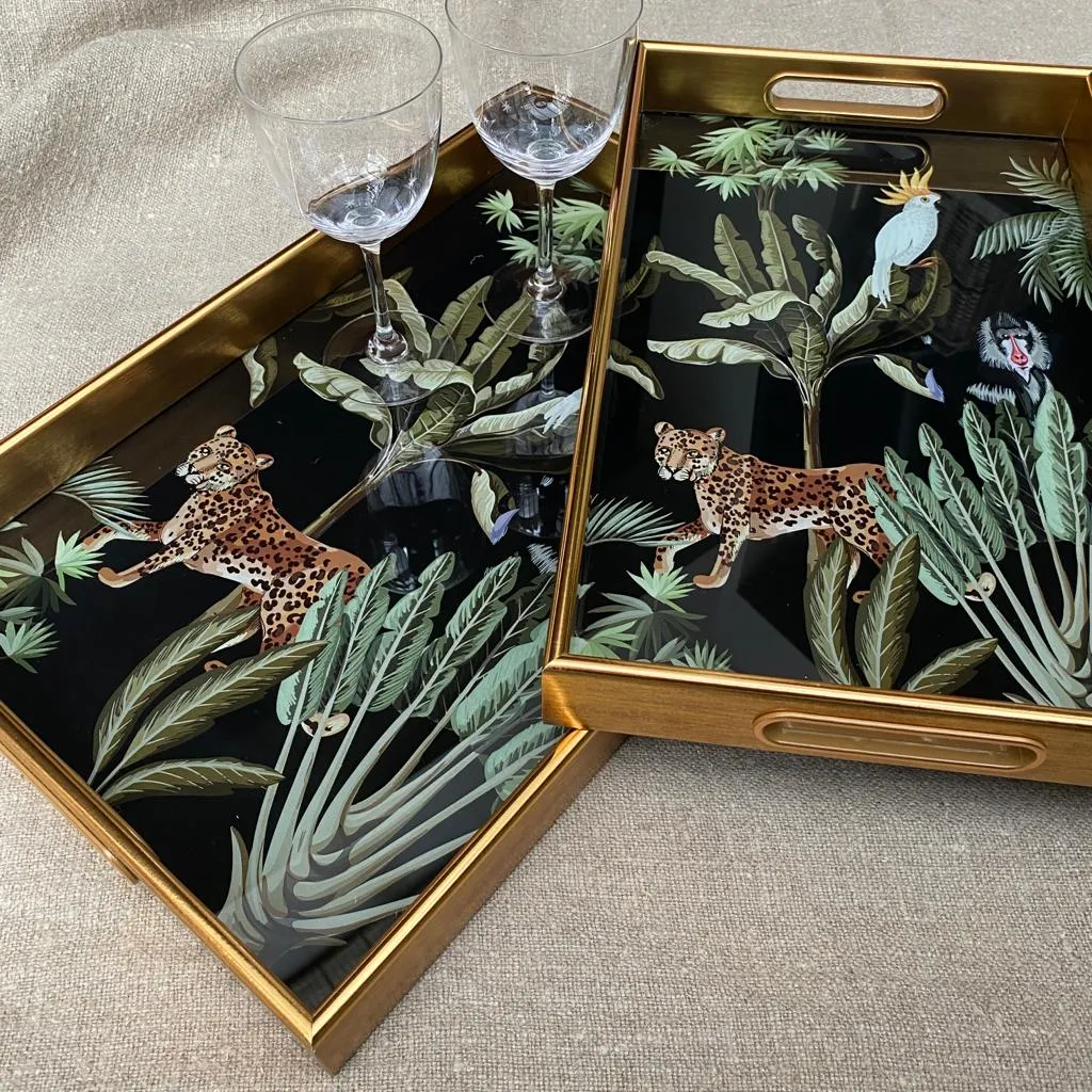 Set of Two Rectangular Mirrored Trays - Parrot Design