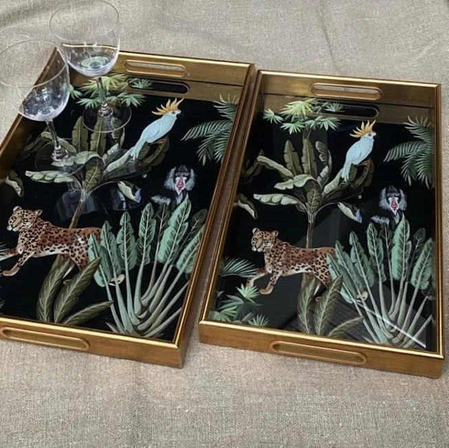 Set of Two Rectangular Mirrored Trays - Parrot Design