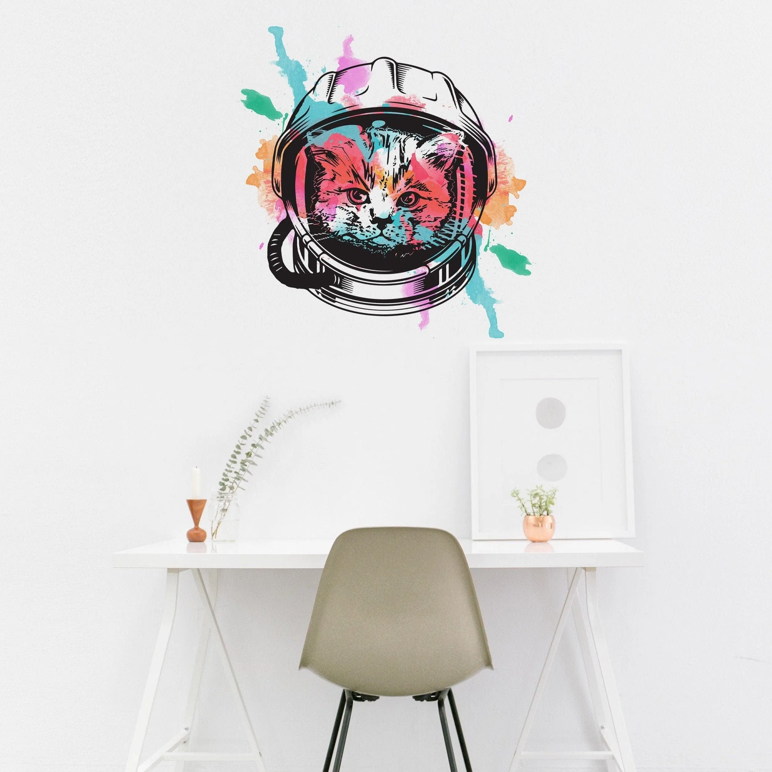 Space Cat Wall Art Decor Transfer Sticker - Funny Astronaut Kitten Decoration Decal